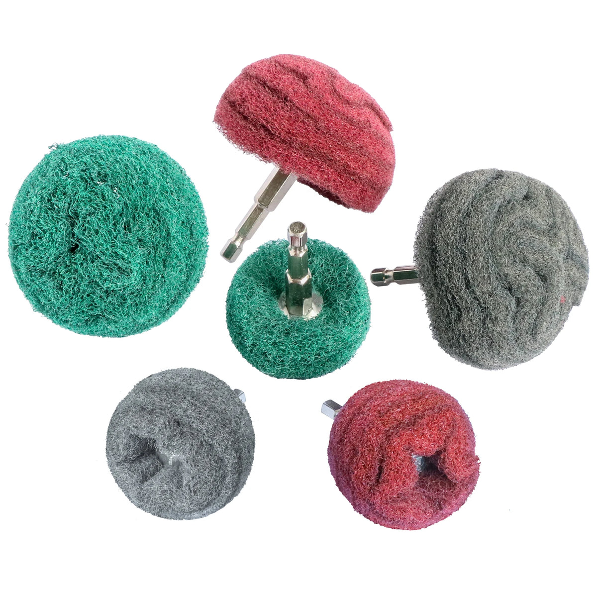 A set of five precision flap sanding wheels in various colors including green, red, gray, and dark green.