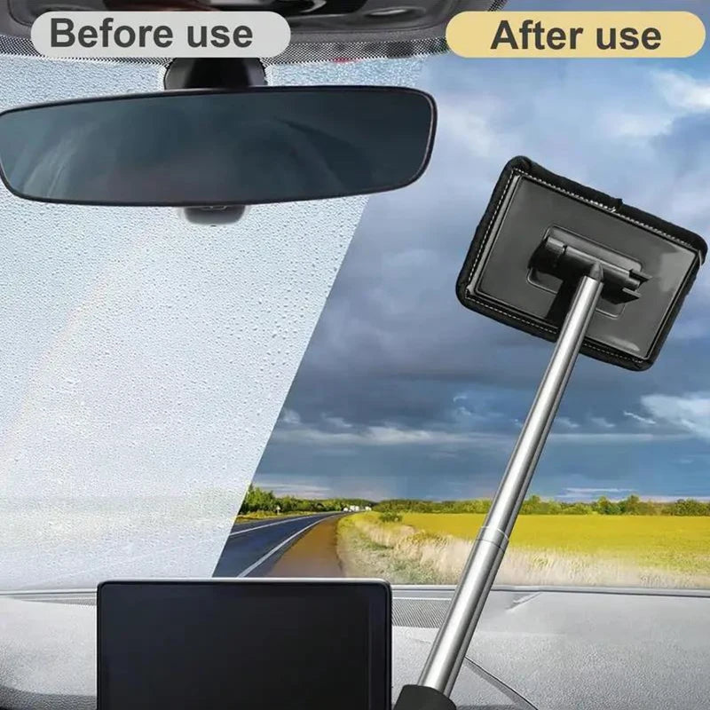 A telescopic windshield cleaning brush is shown with a mirror and a cleaning pad, demonstrating before and after use.