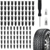 A grid of various car tyre puncture repair kits and a black tire.