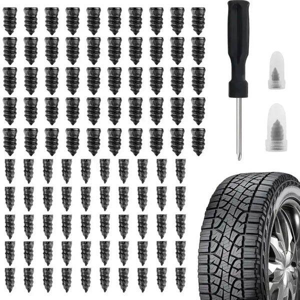 A grid of various car tyre puncture repair kits and a black tire.