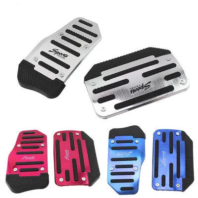 A set of universal aluminum car pedal covers in black, red, and blue colors.
