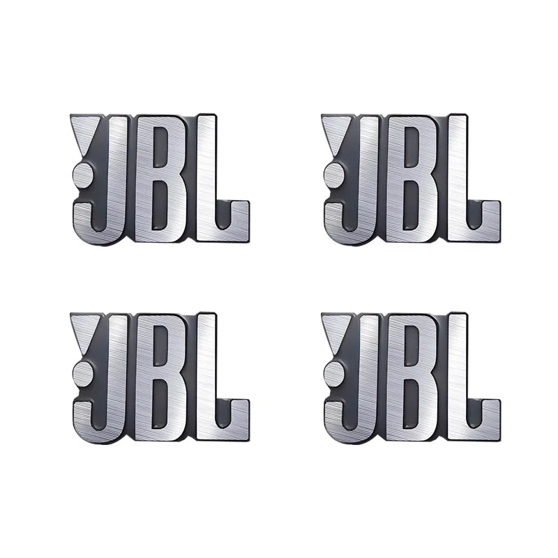 Two sets of metallic silver JBL car audio emblems, showing different views.