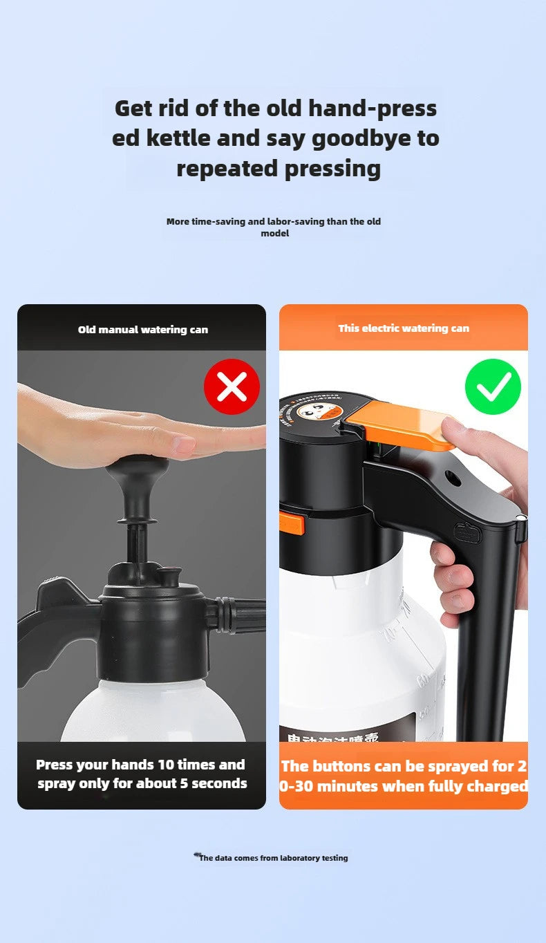 Comparison showing an old manual watering can versus a new electric watering can for cleaning.