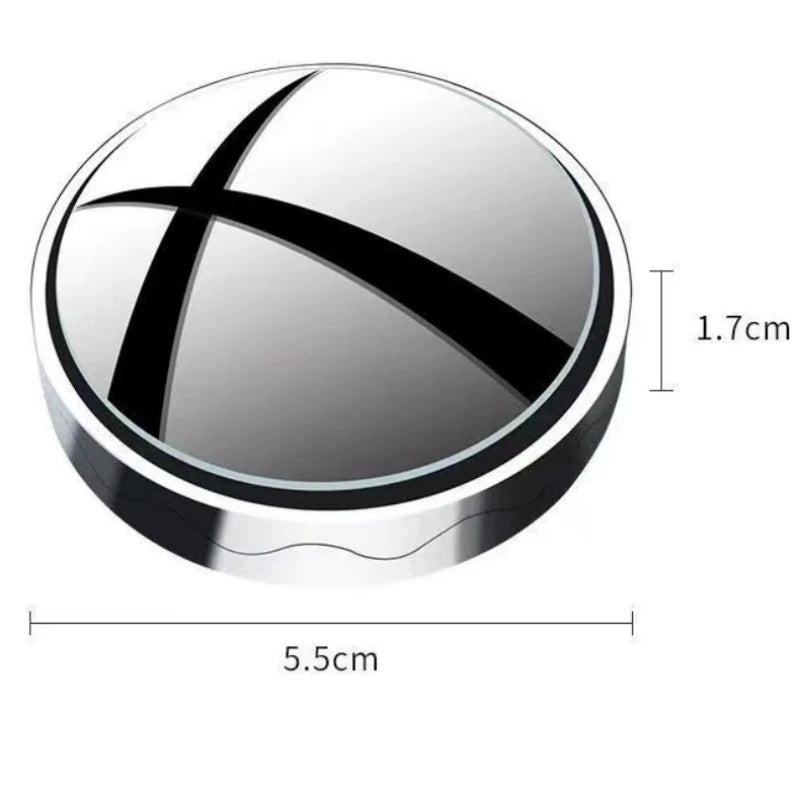 A round, silver suction cup rearview mirror with a black 'X' design.