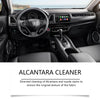 منظر داخلي لسيارة يظهر عبوة منتج Alcantara cleaner ولوحة القيادة.