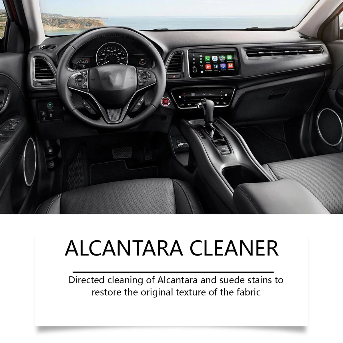 منظر داخلي لسيارة يظهر عبوة منتج Alcantara cleaner ولوحة القيادة.