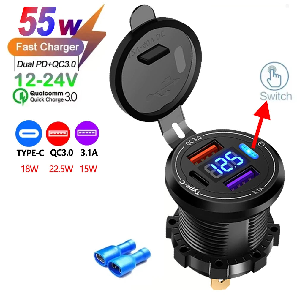 A black multi-port PD/QC car charger adapter with a switch and USB ports.