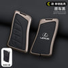 A black leather car key cover shell for a Lexus vehicle, shown with an accompanying smart key.
