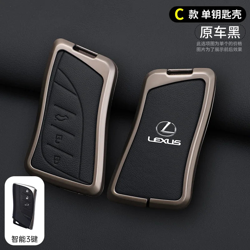A black leather car key cover shell for a Lexus vehicle, shown with an accompanying smart key.