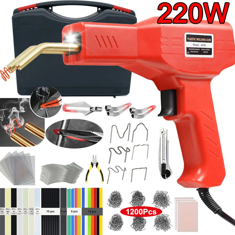 Red plastic welding gun and various metal welding tips and accessories for DIY repairs