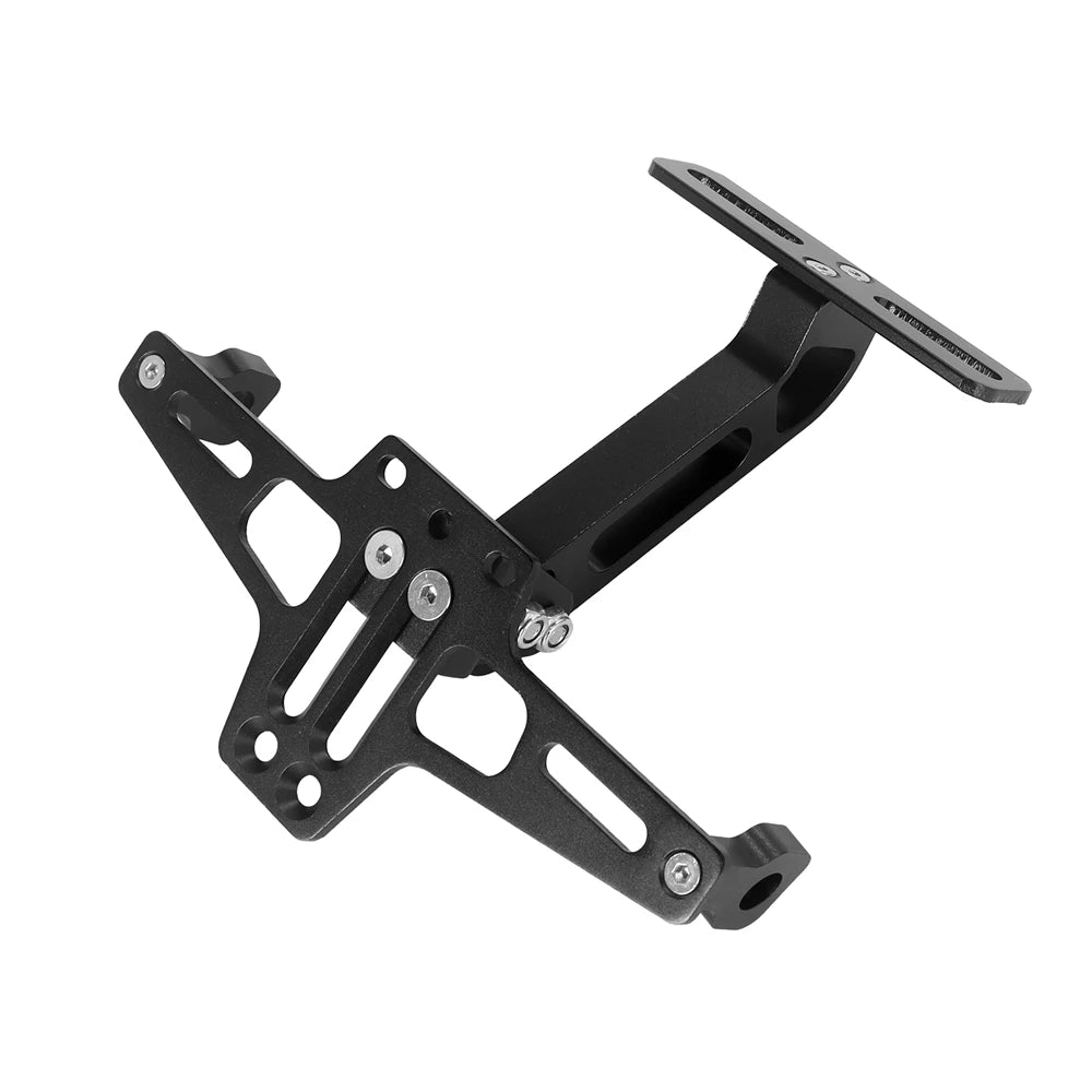 Soporte universal para matrícula de motocicleta negra con soportes y portamarcas.
