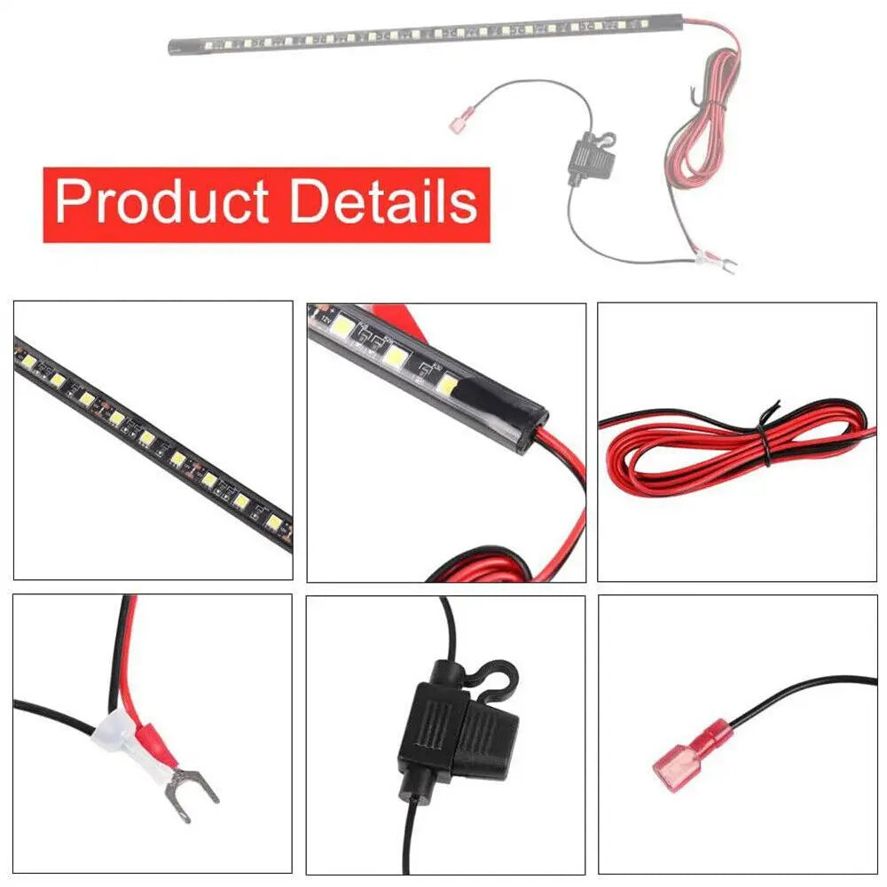 Under hood LED work light with automatic on/off switch shown in various views and with its cord.