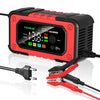 A red and black digital battery charger unit with a display, cables, and alligator clips for charging batteries.