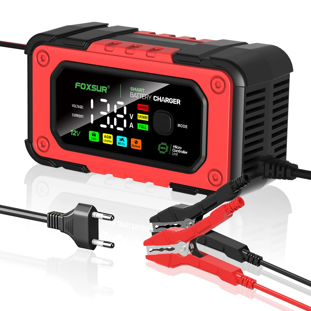 A red and black digital battery charger unit with a display, cables, and alligator clips for charging batteries.