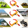 Heavy duty adjustable tire lock shown in various contexts including golf cart, boat, trailer, and motorcycle.