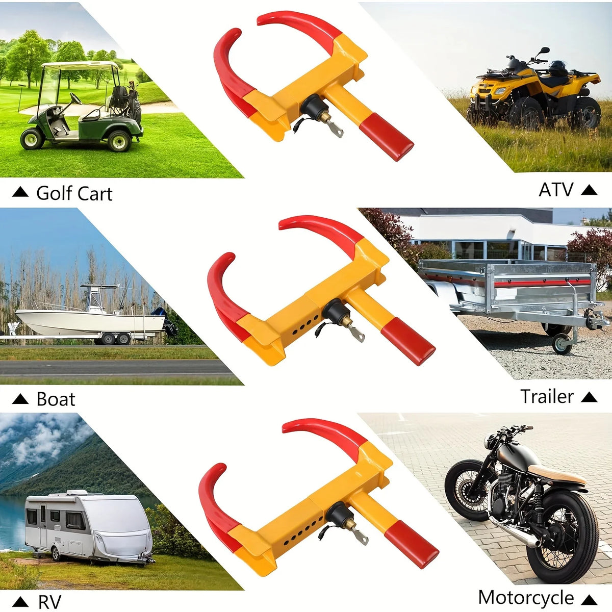 Heavy duty adjustable tire lock shown in various contexts including golf cart, boat, trailer, and motorcycle.