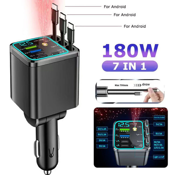 A black 7-in-1 car charger with multiple ports and a retractable cable shown in various usage contexts.