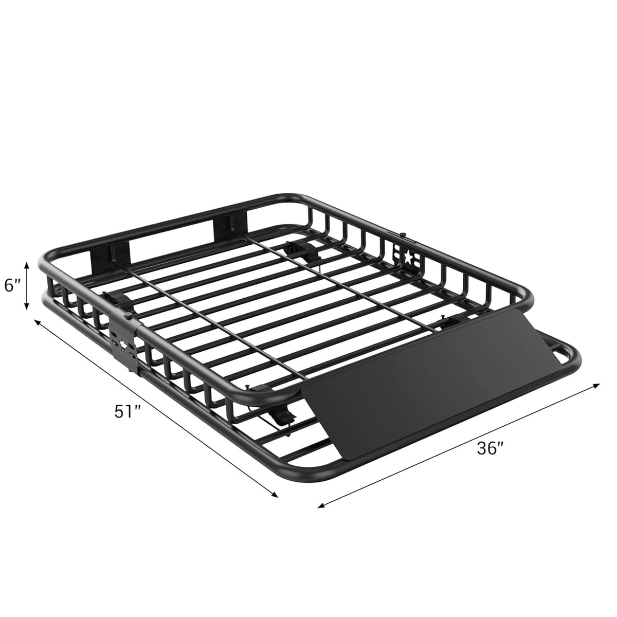 Black heavy-duty universal roof cargo basket with a rectangular platform and wire rack.