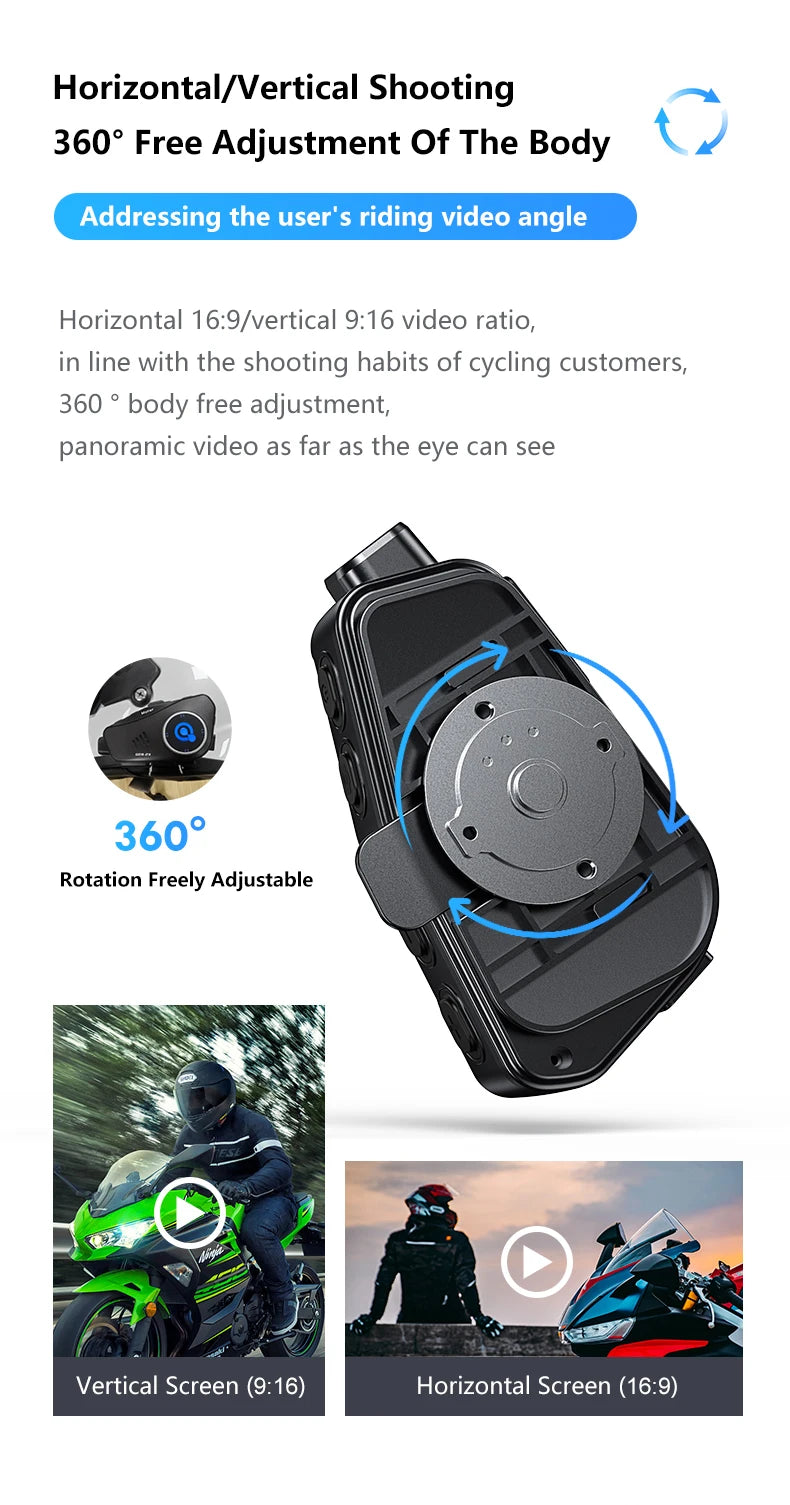 A black Bluetooth motorcycle helmet with a mounted dash camera and walkie-talkie, showing vertical and horizontal screen opti