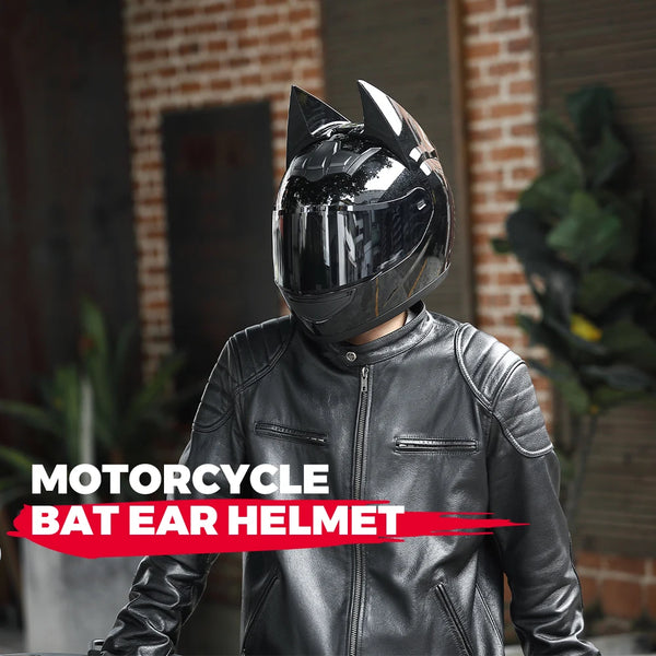 A black motorcycle bat ear helmet worn by a person, shown in a close-up shot.