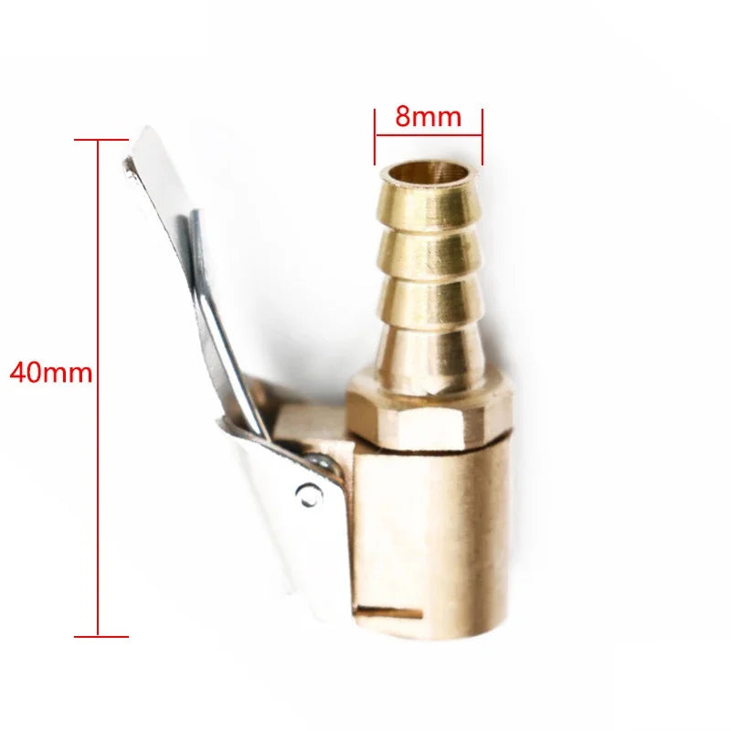 A portable inflatable tire pump with a brass valve and a metal nozzle, shown against a white background.