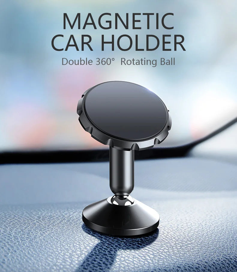 Support magnétique noir pour voiture avec une boule tournante double 360 sur une surface bleue.
