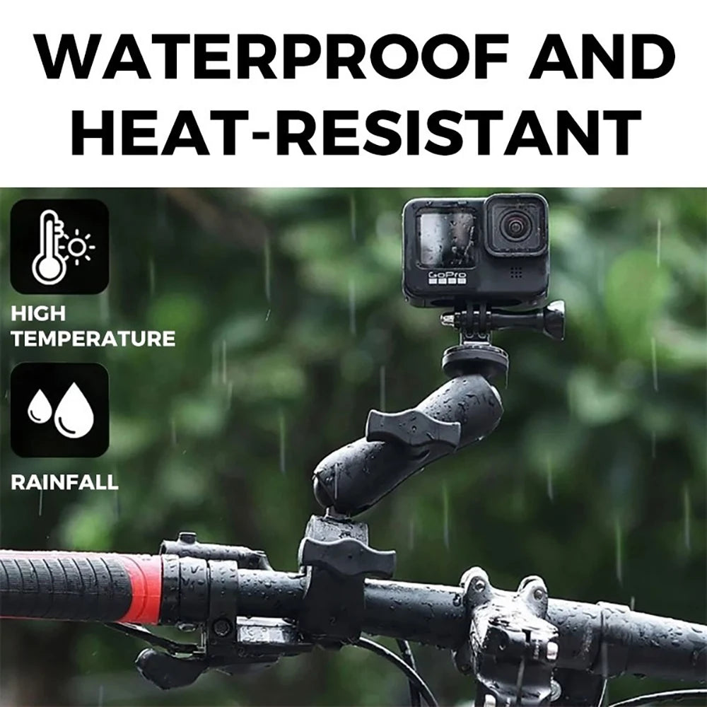 A waterproof and heat-resistant GoPro camera mount attached to a bicycle handlebar in the rain.