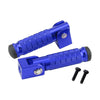 A close-up view of a blue foldable aluminum alloy foot peg with knurled grip and mounting hardware.