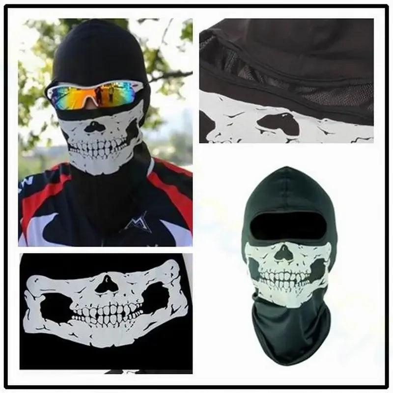 Balaclava à visage complet avec motif crâne noir et blanc, vue sous différents angles.