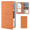 A brown faux leather car insurance and registration holder with a clear plastic sleeve and an open display folder.