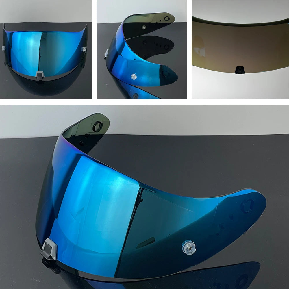 A close-up view of a motorcycle helmet visor lens in blue tint, showing different angles and finishes.