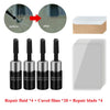 DIY windshield crack repair kit including repair fluid, cured films, and repair blades