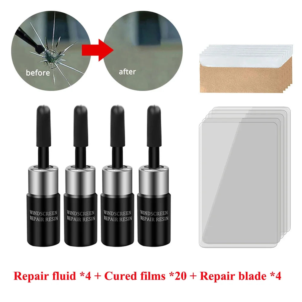 DIY windshield crack repair kit including repair fluid, cured films, and repair blades