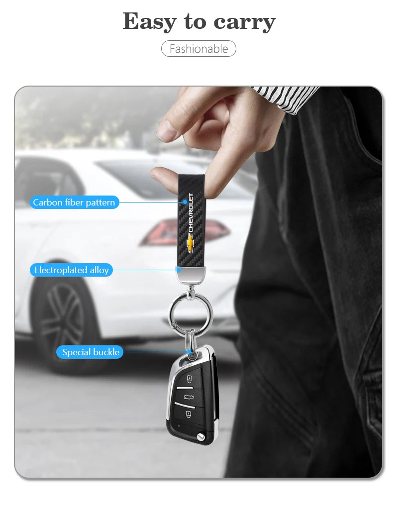A close-up of a silver metal keyring featuring a carbon fiber pattern and an electroplated alloy, shown against a blurred bac