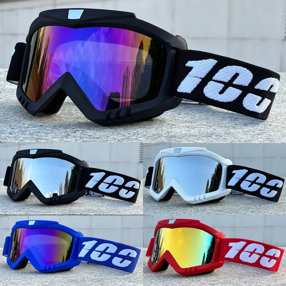 A collection of windproof sports goggles in various colors including black, silver, blue, and red.