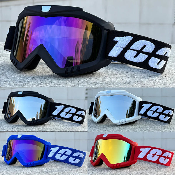 A collection of windproof sports goggles in various colors including black, silver, blue, and red.