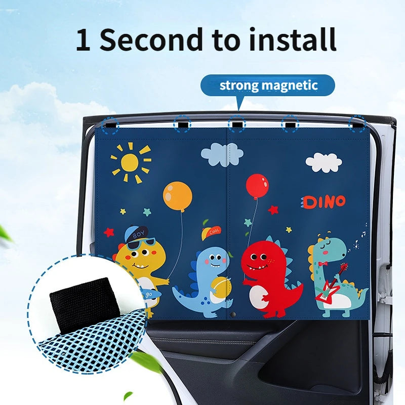 Magnetic double-layer car window shades featuring dinosaur designs and insect protection