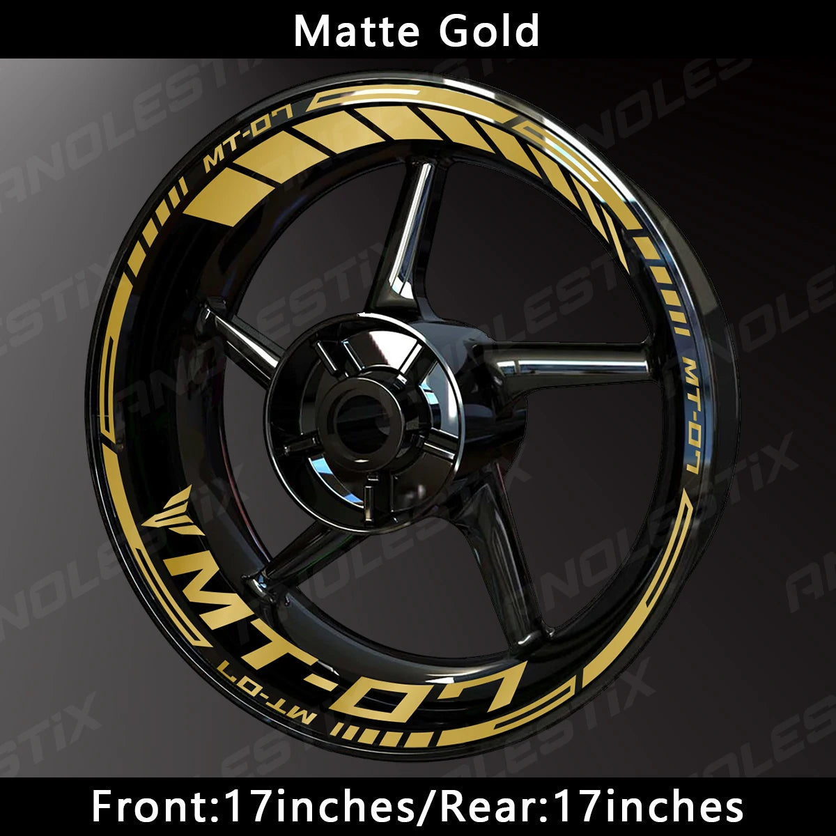 Matte Gold motorcycle wheel decals for Yamaha MT-07 featuring a black spoke design.