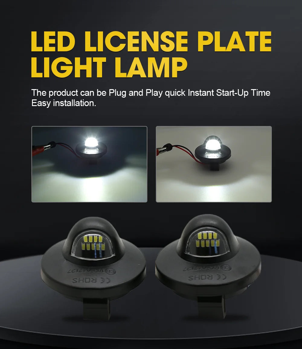 Two LED license plate light lamps shown on a dark surface, highlighting the bright light output.