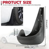 A black universal mud flap is shown installed on a car wheel, with dimensions provided.