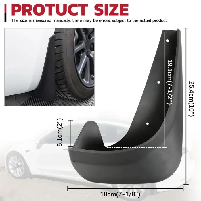 A black universal mud flap is shown installed on a car wheel, with dimensions provided.