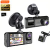A black dash cam device with a wide-angle lens and an attached camera module is shown alongside its components.