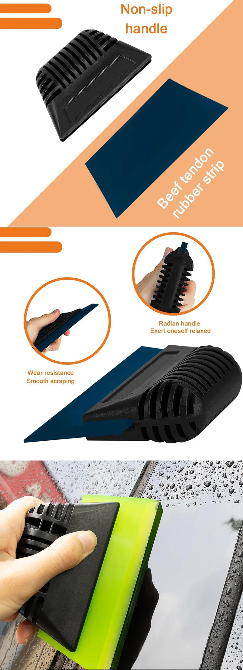 A black non-slip handle squeegee is shown being used to clean a window surface.