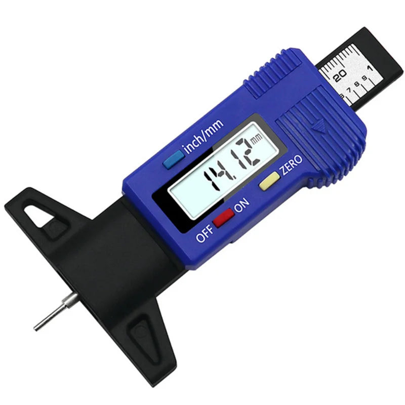 A blue digital tyre depth gauge with a display showing 14.12 mm and a zero mark.