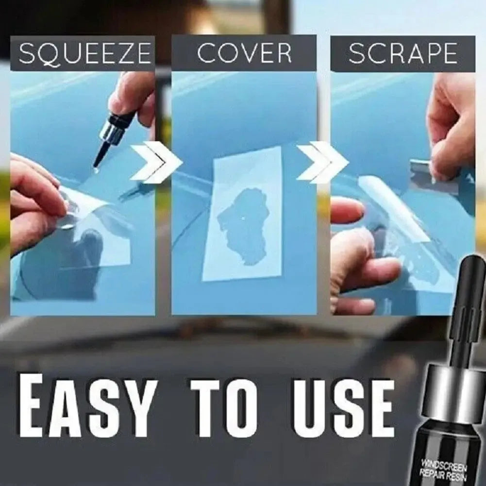 A set of tools for car windshield glass repair including a squeeze, cover, and scrape method.