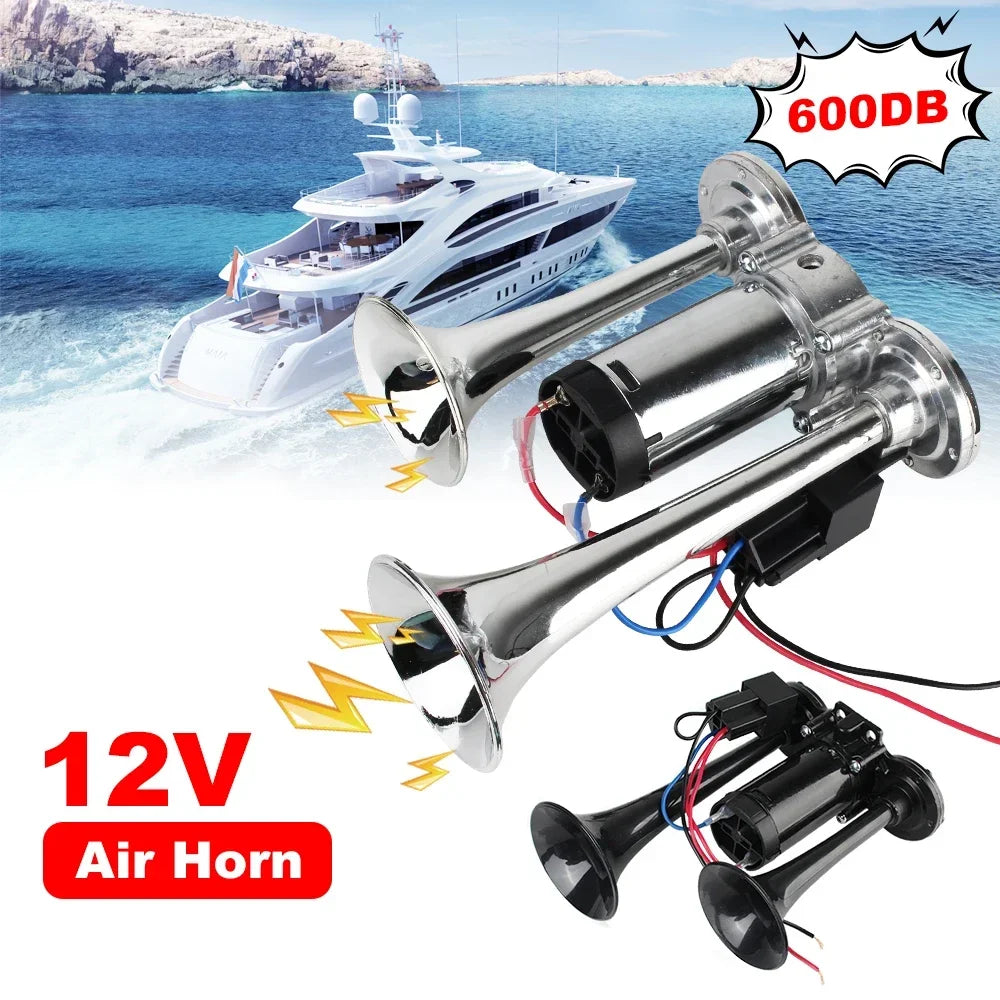 A silver air horn kit with multiple horns is shown next to a luxury yacht in the sea.