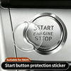 A close-up of a clear protection sticker designed to cover and protect the start and stop buttons on a vehicle's ignition.