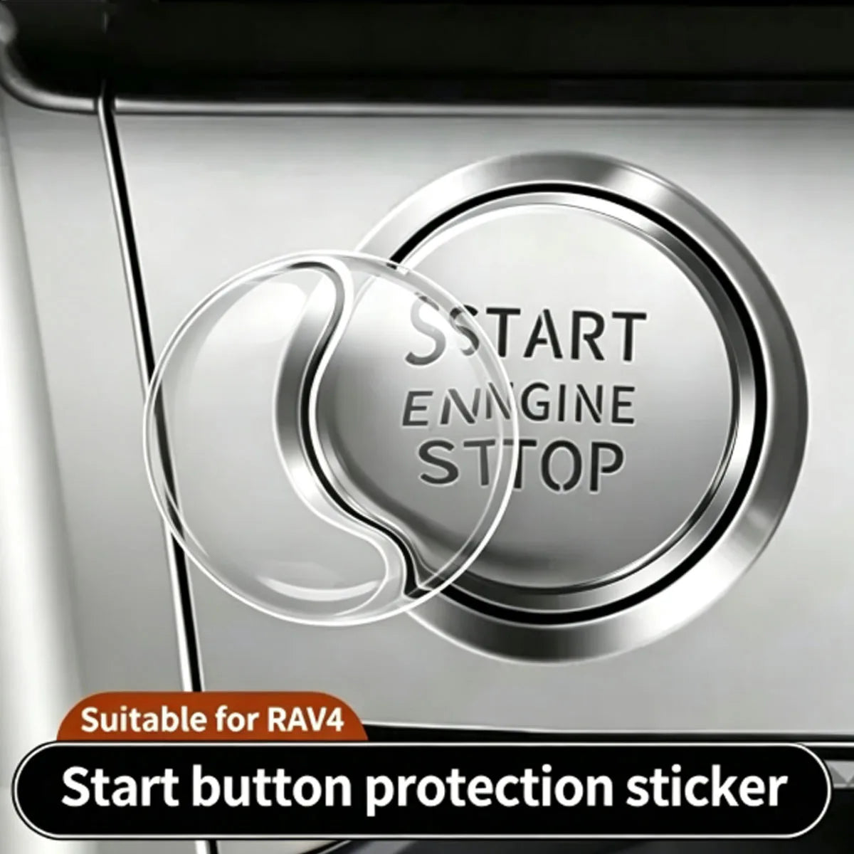 A close-up of a clear protection sticker designed to cover and protect the start and stop buttons on a vehicle's ignition.