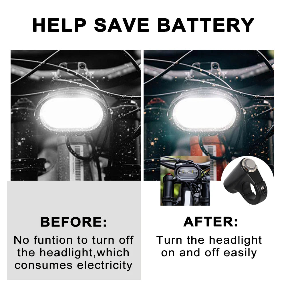 Before and after comparison showing a CNC aluminum headlight kill switch for motorcycle lights