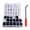 A plastic box containing various universal car fastener clips and a black tool.